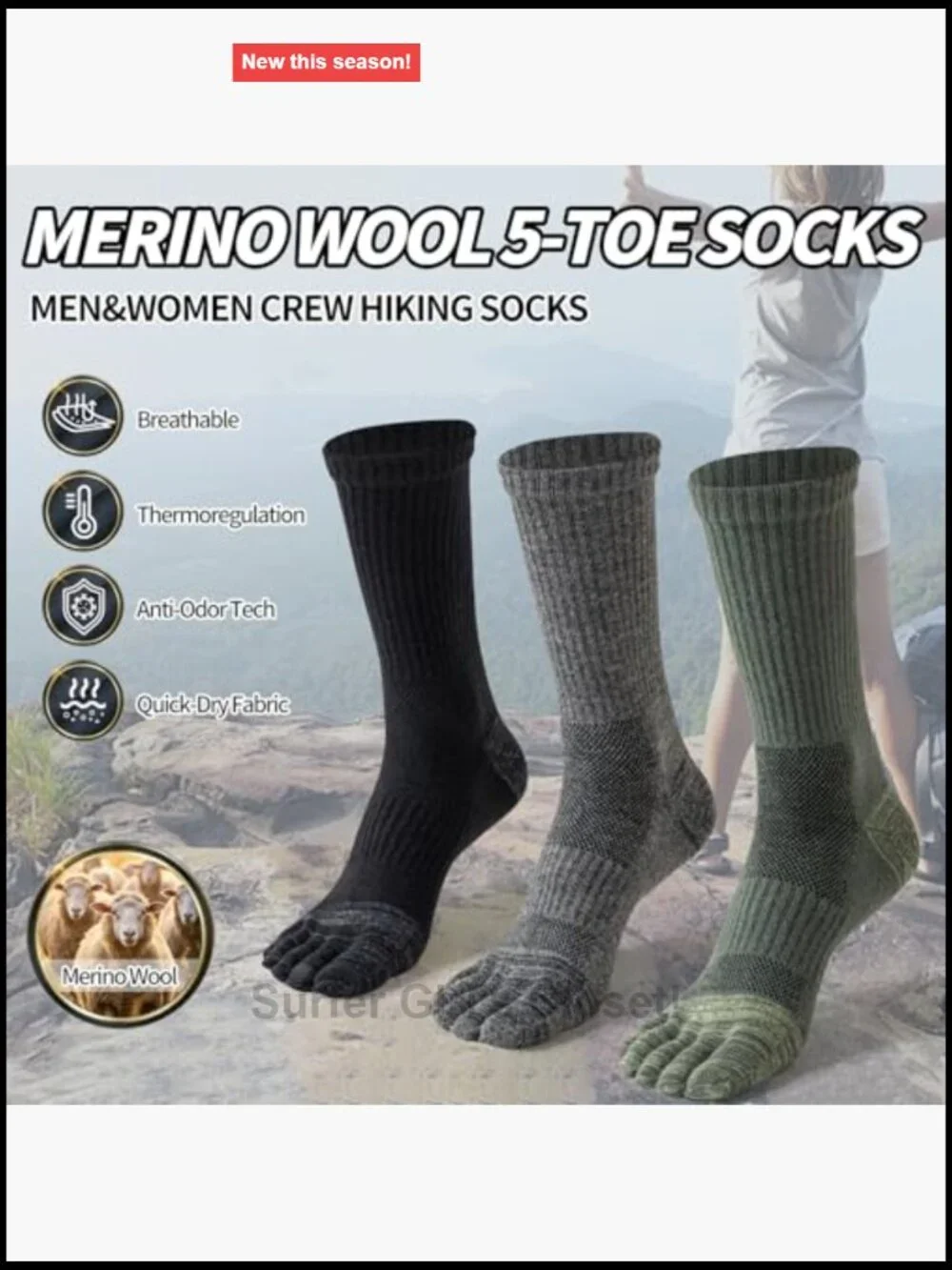 Merino Wool Toe Socks for Hiking Thermal Winter Boot Cushion Five Finger 3 Pairs